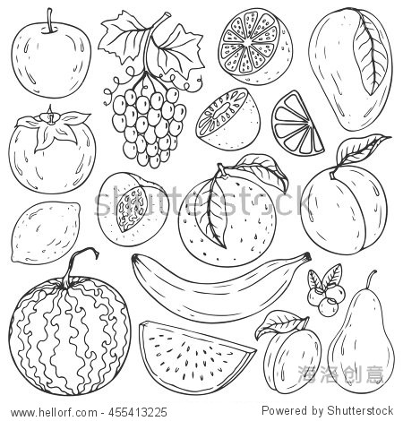 set of fresh healthy hand-drawing fruits isolated