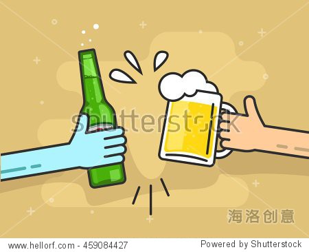 hands holding beer glass and beer bottle flat cartoon clinking