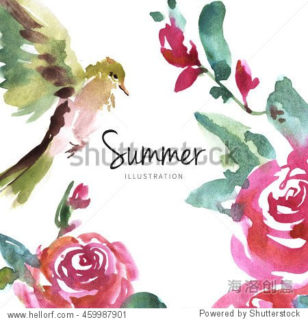 watercolor bird with flower branch on white background.