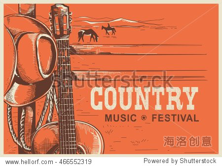 American country music poster with cowboy hat and guitar on vintage landscape background - 站酷海洛正版图片, 视频, 音乐素材交易平台 - Shutterstock中国独家合作伙伴 - 站酷旗下品牌