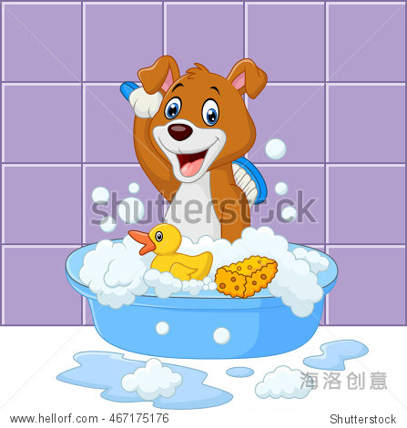 cute cartoon dog having bath