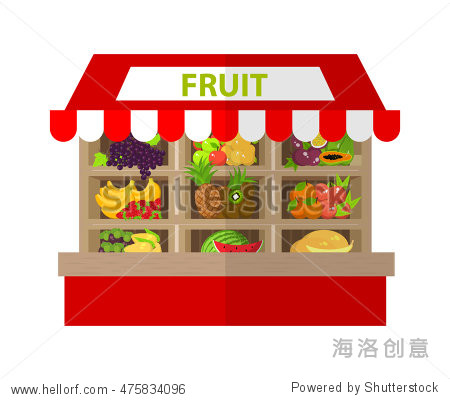 local fruit stall. fresh organic food products shop on shelves.