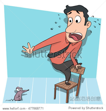 man standing on chair afraid of rat