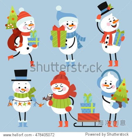 set of winter holidays snowman. cheerful snowmen