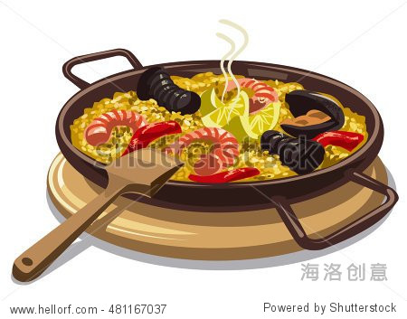illustration of traditional spanish food paella on pan