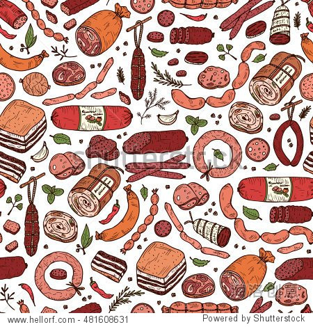 hand drawn doodle meat products: ready sausage bacon sliced