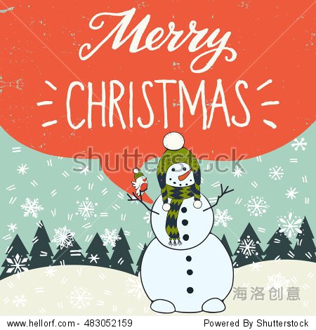 with funny cartoon snowman fir trees and snow on the background