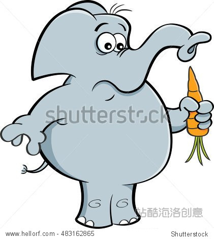 cartoon illustration of an elephant holding a carrot.