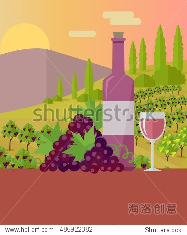 of wine, beaker, vineyard, wooden barrel, with grape valley on
