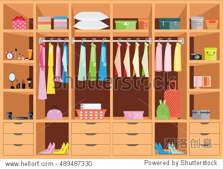 flat design walk in closet with shelves for accessories and