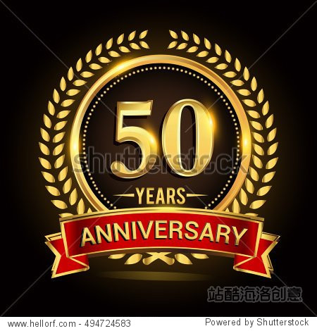 celebrating 50 years anniversary with wreath ribbon and golden