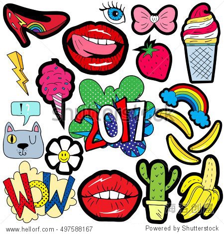 collection of stickers and patches in cartoon 80s-90s style.