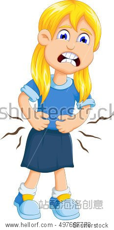 little girl cartoon touching her belly having terrible stomach