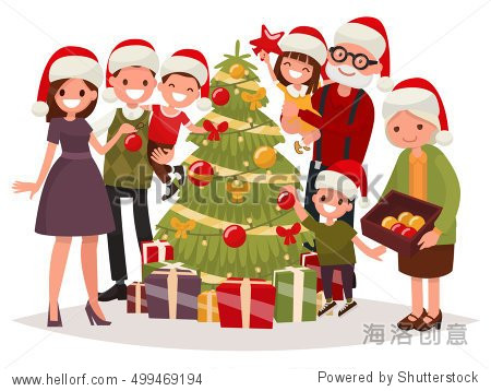 big happy family decorates the christmas tree.