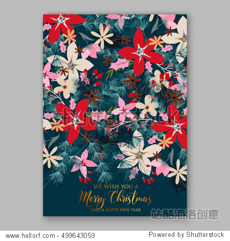 christmas party invitation with holiday wreath of poinsettia