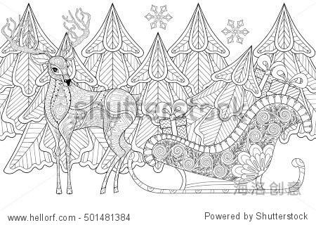 reindeer with sledges of santa with christmas tree gifts