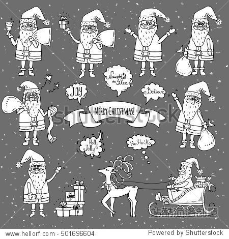 hand drawn doodle set of santa claus icon. vector illustration.