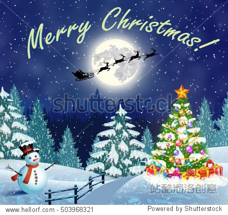christmas landscape with christmas tree and snowman with gifbox.