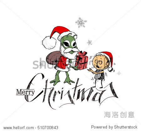 a little funny baby santa with green monster santa holding gift