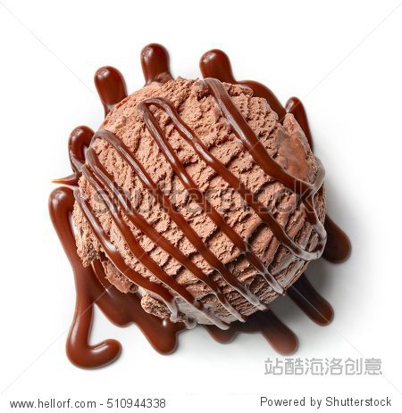 chocolate ice cream ball and chocolate sauce isolated on white