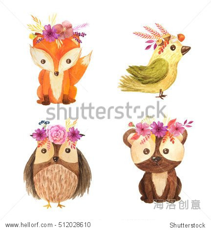 cute cartoon watercolor forest animals set. hand