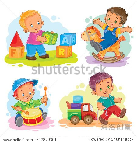 set of vector icons little boy playing with toys