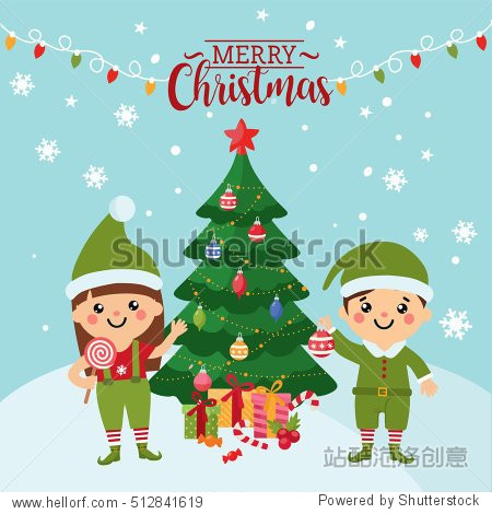 kids in costumes of elves christmas tree winter landscape.
