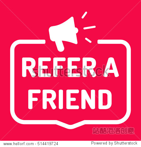 refer a friend. badge with megaphone icon.