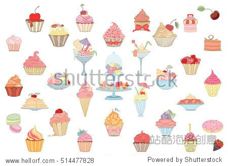 hand drawn set of sweet elements of cupcake and icecream.