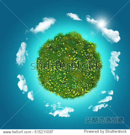 3d render of a grassy globe with clouds on a blue sky background