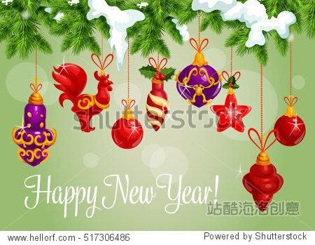 christmas decorations ball, red rooster cock, icicle, star, bell