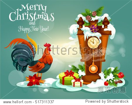 merry christmas new year vector poster with red rooster cock