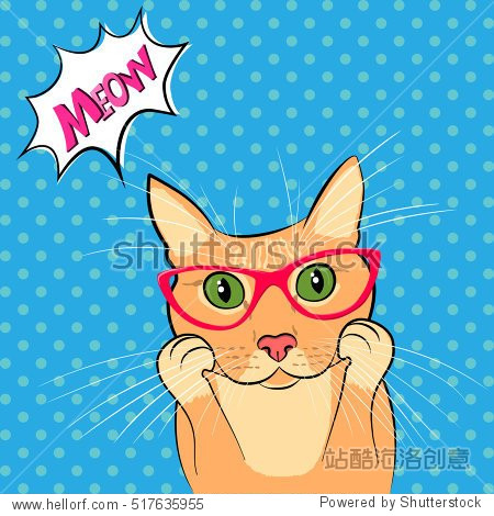 surprised pop art cat in glasses. comic red cat.