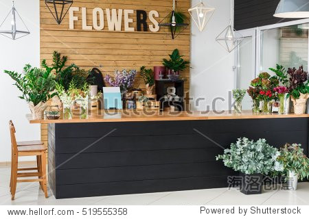 sale of home plants in pots, wooden showcaseflower shopa small