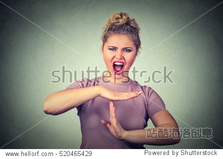 young woman showing time out hand gesture frustrated screaming
