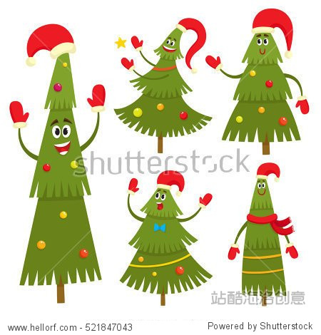 christmas tree characters in cartoon style, vector illustration