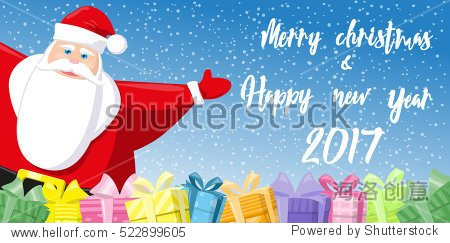 cute santa claus and gift boxes on background snowflakes.