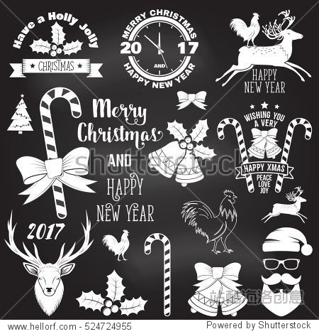 set of merry christmas and happy new year 2017 typography design