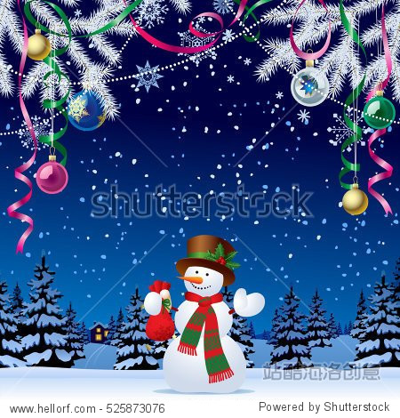 against the night winter forest in snow under xmas decorations