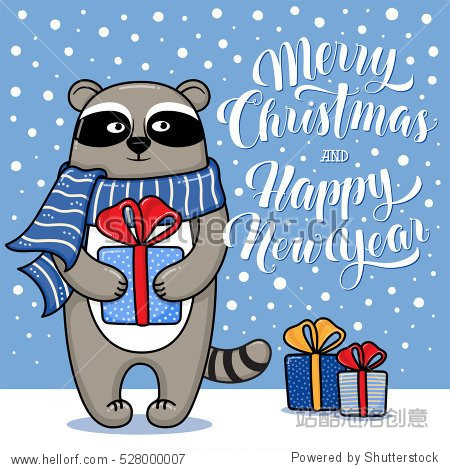christmas and happy new year greeting card with raccoon gifts
