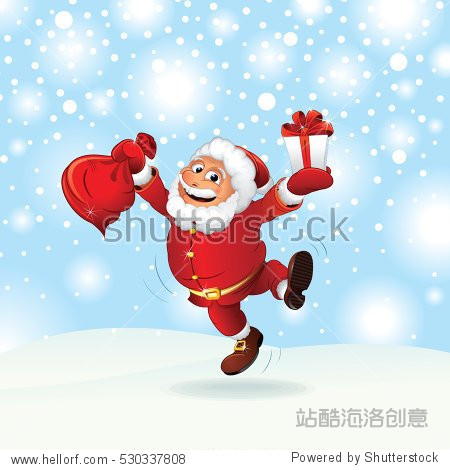happy santa claus with gifts sack and gift box.
