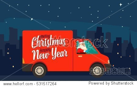 santa claus is driving red delivery van in the night city.