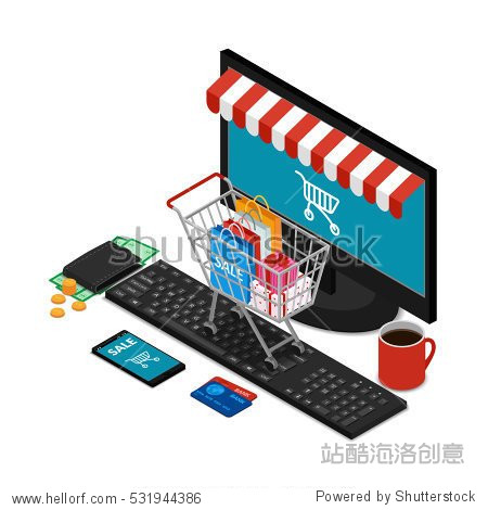 basket with shopping bags and boxes with gifts on the computer