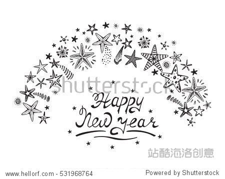 happy new year card with hand drawn doodle fireworks and stars.
