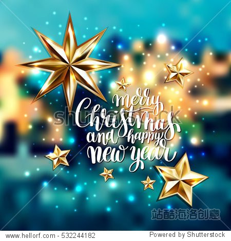 lettering merry christmas and happy new year golden stars to