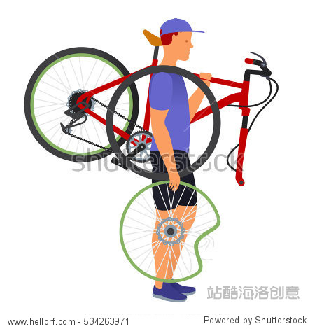 bicycle travel. a man carries a broken wheel. flat illustration.