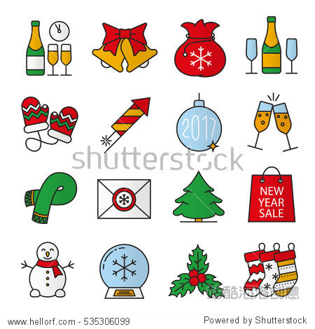 christmas and new year color icons set. champagne