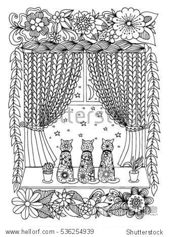 zentagl cats on a windowsill in flowers looking at the starry