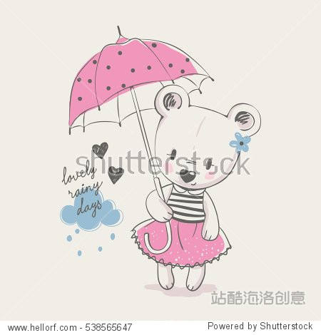 cute little bear girl with umbrella, cartoon hand