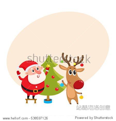 funny santa claus and reindeer decorating christmas tree with